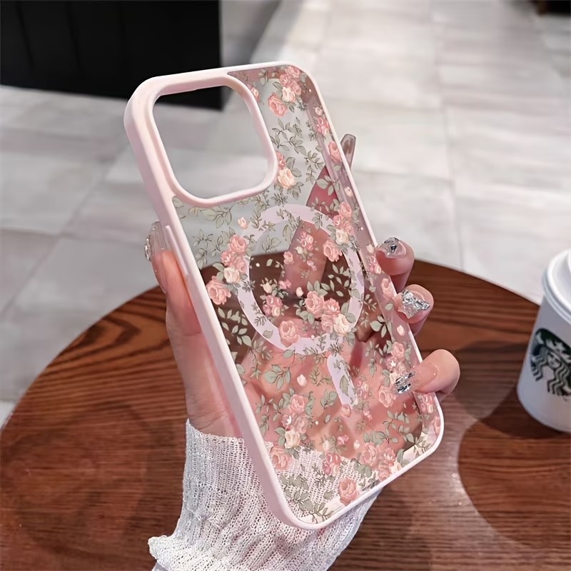Clear Shockproof Bumper Case - 핑크 타이니 로즈 클리어 마그네틱 폰